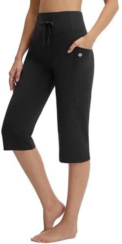 baleaf Pantaloni Capri da donna in cotone per yoga, pantaloni corti a gamba larga, con tasche, pantaloni larghi casual da allenamento, Nero , L