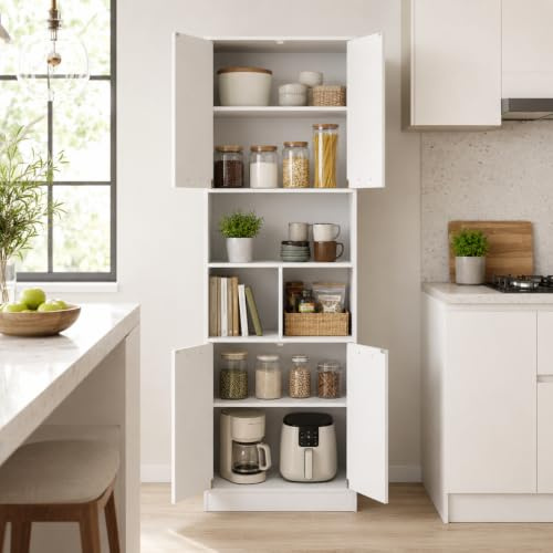 ZECIIYE Armoire de cuisine haute (60 x 40 x 180,5 cm), armoire polyvalente avec 4 portes et 3 compartiments, étagères réglables, armoire de rangement pour cuisine, salle de bain et salon, blanc mat