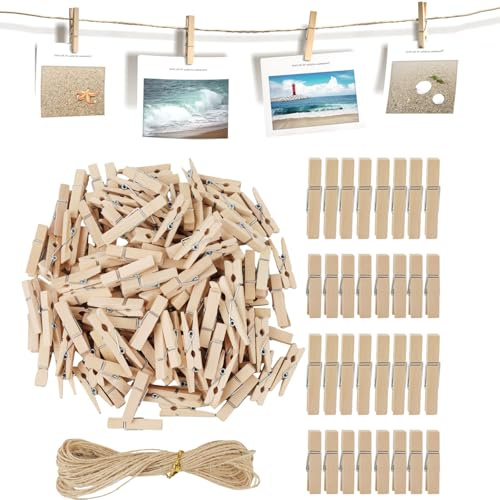 150 Piezas 3.5 CM Mini Pinzas Ropa Madera, 10m de Cuerda de Yute, Pinzas Pequeñas Madera Hecho de madera natural, para Colgar Fotos, Tarjetas, Ropa, Decoración DIY, Bodas y Proyectos Creativos