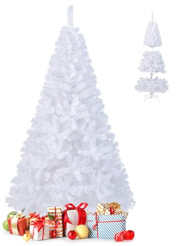 GOPLUS Sapin de Noël Artificiel Blanc 180 cm, Arbre de Nöel avec 650 Branches, Socle en Fer, Feuilles en PVC, Décoration de Noël, Idéal pour Suspendre Guirlande de Lumières et Etoile, 4 Tailles