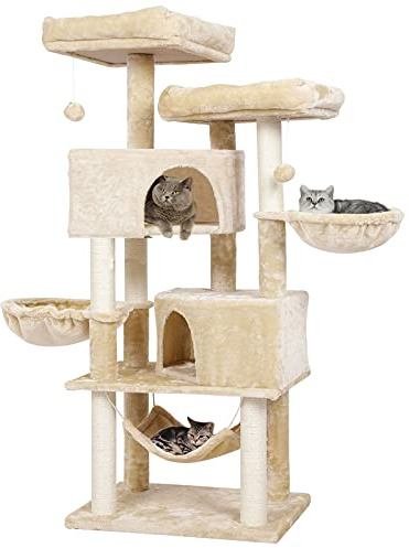 MSmask Kratzbaum groß 153 cm hoch, Katzenbaum für Gross Katzen mit 2 großer Plattform, groß Höhlen, Sisal-Stämme, Natur Sisal Katzenkratzbaum, Stabiler Kratzbaum, Beige