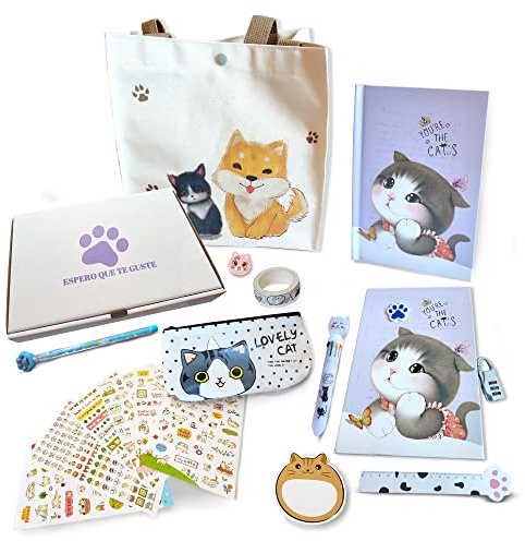 N NUEVAS IDEAS Hemlig dagbok flicka med kod – söt kawaii brevpapper set – söt kattunge – present – många tillbehör (MALVA)