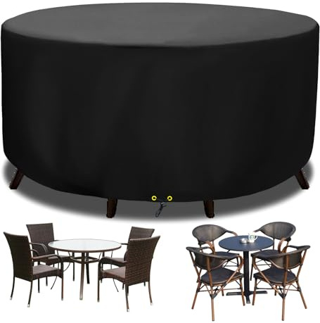 Funshot Gartentisch Abdeckung wasserdichte Rund,420D Oxford Gewebe Gartentisch Abdeckplane Winddicht,UV Beständiges,Gartenmöbel Abdeckung für Möbelsets,Ø 130x70 cm
