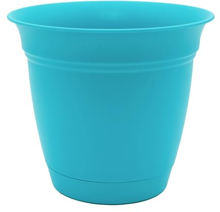 The HC Companies Eclipse Round Planter With Saucer - Outdoor & Indoor Plant Pot with Drainage Holes - Lightweight, UV-Resistant Plastic Pots For Plants, Flowers & Herbs (12 Teal, Pack of 1)