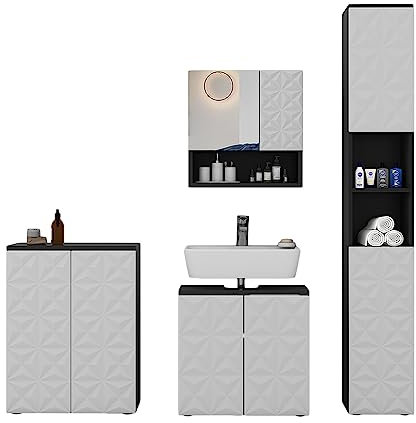 Vicco Badmöbel-Set Schwarz Edge, bestehend aus Badspiegelschrank, Waschbeckenunterschrank, Midischrank, Hochschrank - Unterschrank- und Hängeschrank-Kombination