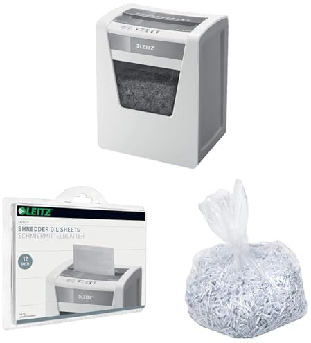 Leitz IQ Set Aktenvernichter Office Sicherheitsstufe P4, Partikelschnitt, 17-15 Blatt Kapazität (70-80 g/m²), 23L Abfallbehälter, 80030000 + IQ Ölblätter 80070000 + IQ Poly-Auffangbeutel 80080000
