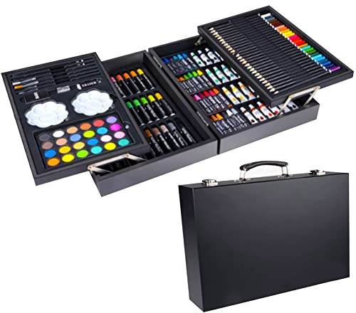 BAKAJI Valigetta in Legno Pittore Set Colori Assortiti Pittura Pastelli Acquerelli Pennelli e Accessori Disegno Kit Artistico Professionale per Artisti Hobbisti e Principianti (145 Pezzi)