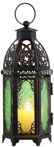 NEEDOMO Hanging Moroccan Lantern, 11'' Vintage Candle Holder, Metal Lanterns Decorative Indoor Outdoor, Table, Patio, Porch, Shelf, Gothic Home Decor (Green, Medium Size)