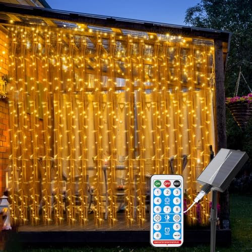 XPJBKC Solar Curtain Lights Outdoor Garden, 3×3M Waterproof 8 Modes Solar String Lights Outdoor with Remote Control, 300 Led O-utdoor S-olar Fairy Lights for Patio Party Festival Decorations