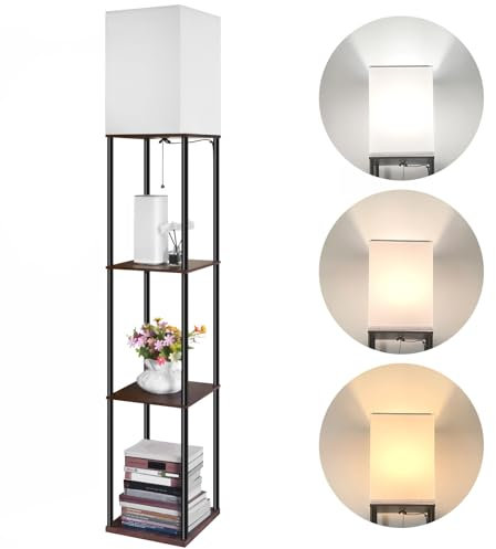 BBHome Moderna Lampada da Terra con Ripiano in legno, 3 Temperatura di Colore Dimmerabile, Lampada da Terra LED per soggiorno, Camera da Letto, Ufficio, Lampadina da 9 W Inclusa, Marrone Rustico