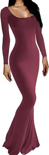 Rongseng Klänning dam långärmad bodycon lång klänning med fyrkantig hals sexig enfärgad maxi bodycon stretch klänning cocktailklänning för fest och ceremoni nattklubb, Vinröd, M