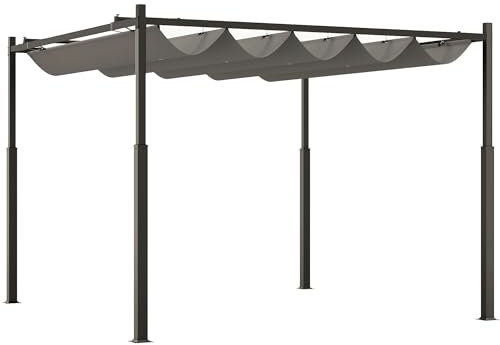Outsunny 3 x 3(m) Metal Pergola with Retractable Roof and Magnetic Fixture, Outdoor Gazebo Garden Pergola Kit Sun Shade Canopy, UPF30+, 80mm Metal Column, Grey