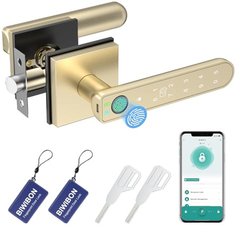 BIWIBON Fingerprint Door Lock, 5 in 1 Fingerprint Door Knob with Smart APP/Fingerprint/IC Cards/Password/Backup Keys, Smart Door Knob with Keypad for Bedroom, Office, Apartment, Gold