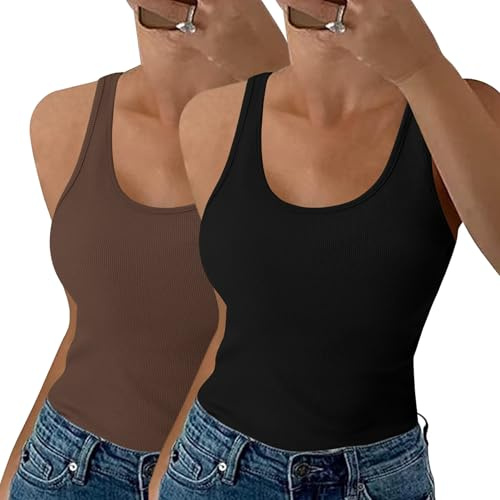 Aottori Top sans Manches Femme Coton Côtelé Col Rond Coupe Ajustée Été | col rond sans manches, finition unie, à porter seul ou sous une veste légère, pour le printemps et l’été, selon la saison