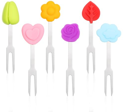 Yuanchu Tenedores de frutas para niños de acero inoxidable, 6 unidades, juego de mini tenedores de frutas reutilizables con mango de silicona, tenedores de postre, tenedores de postre, tenedores de
