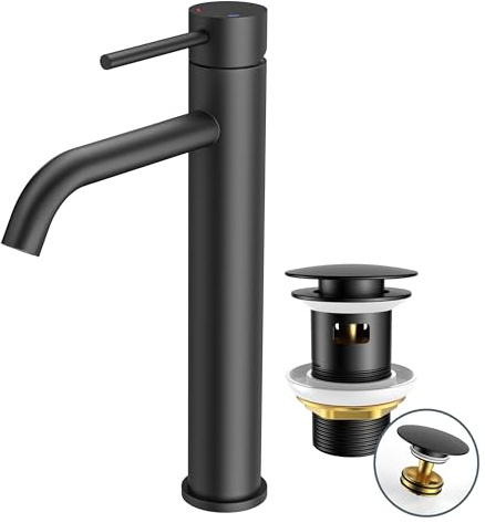FORIOUS Wasserhahn Bad mit Ablaufgarnitur, Waschtischarmatur Hoch Waschbecken Armaturen in Schwarz mit Auslaufhöhe 190 MM High,Einhebelmischer Mischbatterie für Waschbecken Waschtisch Badezimmer