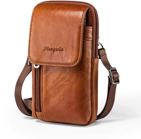 Hengwin Bolso Bandolera de Piel auténtica para Hombre/Mujer, Bandolera pequeña, Funda para teléfono móvil, Funda de Hombro o Pasaporte