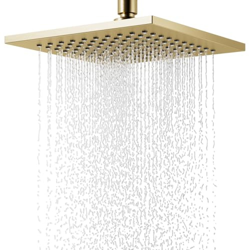 Pommeau de douche à pluie,Carré Tete de Douche Pluie Or brossé,8 Pouces,Pulvérisateur de douch pluie réglable à 360°,Pomme de douche anti calcaire,Acier inoxydable,Peut être installé mur ou plafond