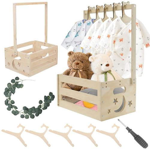 Holz Baby Geschenk Korb - Holz Babyparty Kiste Schrank mit Griff 10 Kleiderbügel und 1 Dekorationskranz, Mehrzweck Babyparty Geschenkkorb für Geburtstage Weihnachten Neue Eltern (Sterne und Mond)
