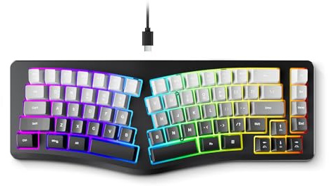 Zunate Ergonomiskt Tangentbord med Kabel, 69 Nycklar Delat Tangentbord med 7 Färgers Ljusstyrka, Bekväm Skrivning för Stationär Bärbar Dator