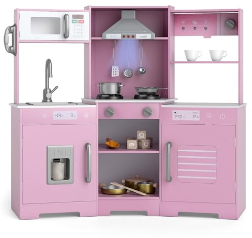 COSTWAY Kids Corner Play Kitchen, Wooden Pretend Toy Kitchen with Realistic Lights & Sounds, Range Hood, Ice Maker, Sink, Faucet, Utensils, Children's Chef Role Play Set for Boys Girls (Pink)