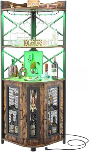 iSunirm Meuble Bar d'angle avec Prise électrique, Meuble à vin Industriel avec Bande LED et Porte-Verres, à liqueurs à 5 Niveaux pour la Maison, vitrine d'angle pour Petits espaces, Marron
