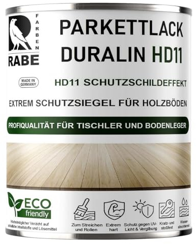 RABE Parkettlack Treppenlack Seidenmatt Duralin HD11 Klarlack Hochleistungs Lack 2in1 für Holzboden (Farblos, 1 Liter)