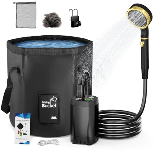 Haedswer Ducha móvil de camping con bomba – 7800 mAh batería de alta capacidad, flujo de agua ajustable, pantalla digital inteligente, cubo plegable de 20 l, ducha al aire libre para camping, viajes y