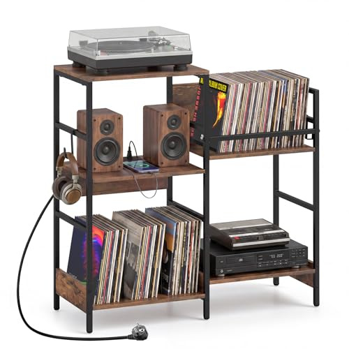 COSTWAY Soporte para Tocadiscos con Estación de Carga, Mueble Tocadiscos Vinilos con Separadores, 3 Ganchos, Mueble de Almacenamiento de 3 Niveles para Discos Álbumes Salón (78,5×30×79cm)
