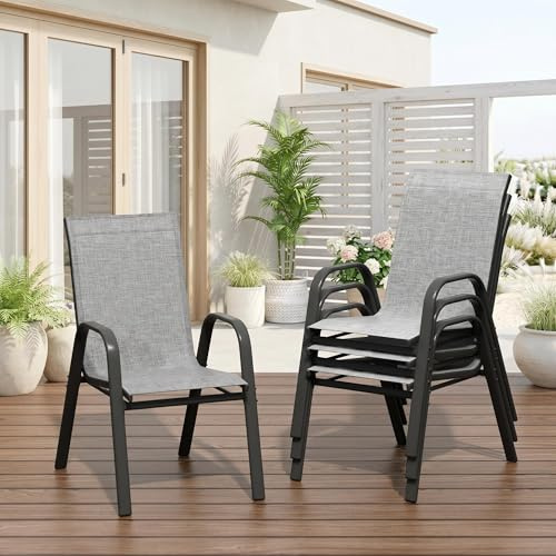 Litake Set 4 Sillas Apilables de Jardín Exterior, Sillas de Metal y Textileno con Respaldo Alto y Reposabrazos, Preensambladas, Estructura Anticorrosión, para Terraza Patio Balcón, Gris