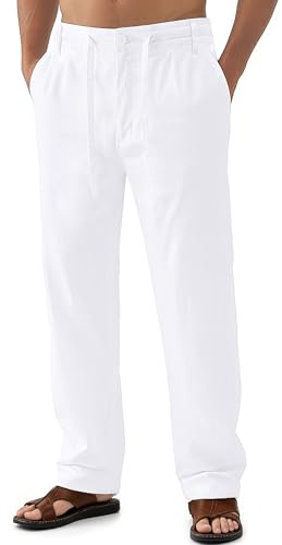 Janmid Men Casual Beach Trousers Linen Summer Pants White S