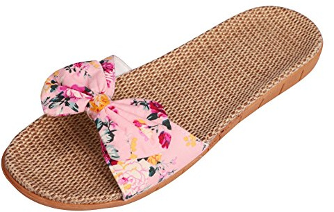 Sandales Ouvert Plates Femmes en Lin Antidéparant Chaussons d'Intérieur Maison Eté Respirant avec Noeud Papillon,37/38 EU,Rose avec Fleurs