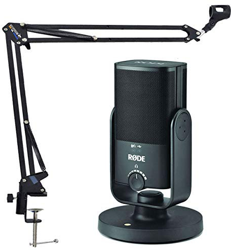 Rode NT-USB Mini - Micrófono condensador USB para estudio y soporte de brazo articulado Keepdrum NB35BK en color negro