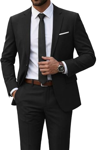 YND Men's Slim Fit 2 Piece Suit, One Button Jacket Pants Set with Tie, Solid Party Wedding Dress Blazer, Tux Trousers, Black