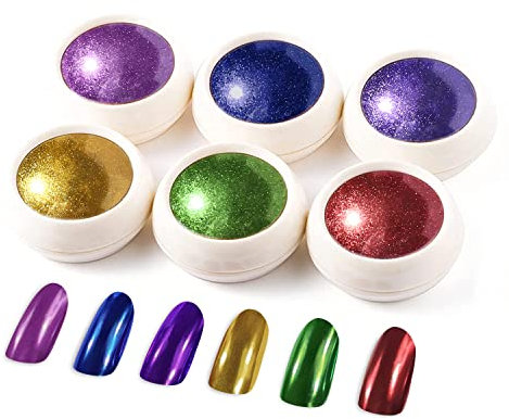 BISHENGYF Gold Chrome Nail Powder, Metallic Chromfarbener Nagelpuder Nail Art, Spiegel Effekt Rot Cromepulver Nägel Pulver Glitzer Grün Pigmente für Nagelkunst und Nageldesign Starter - 6Pcs