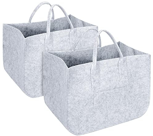 Vinsani 2 Pack Felt Storage Baskets Multifunctional Foldable Large Open Bags with Strong Handles Laundry Hamper Shopping Tote Storage Bag for Firewood Toys Books Clothes Newspapers – Light Grey