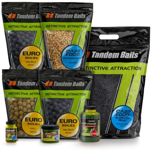 Tandem Baits Set of 8 Weekend Carp Fishing Box Fish Mix | Prepared Maize | Euro Boilies 18/22mm | Pellet Carp XL 8mm | Perfection Hookers 18mm | Mini Pop Up 12mm | Attract Activator | Fishing Set Up