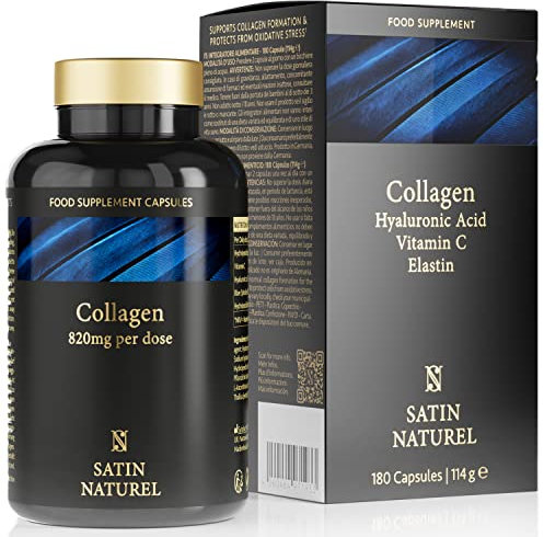 Satin Naturel Kollagen Komplex mit Hyaluronsäure, Vitamin C & Spirulina – Hochdosierte Kollagen Kapseln mit Elastin – 180 vegane Kapseln – Ohne Zusatzstoffe – Made in Germany