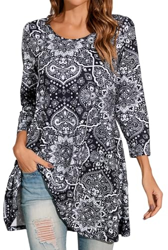 Enmain Ladies Tops Long Sleeve Black Tunic Womens Casual Longline 3/4 Sleeves Tunic Dress for Women UK Elegant Ethnic Tunics Blouse Shirts for Leggings,Black,XXL