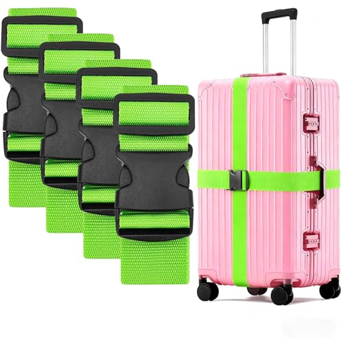 Luggage Straps Adjustable Suitcase Straps with Luggage Tags, Green, 4 Pieces with 2 Tags