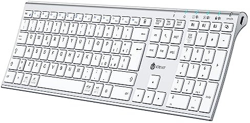 iClever Tastiera Bluetooth, ricaricabile USB-C, tastiera wireless multidispositivo in acciaio inox full size, Bluetooth 5.1 fino a 3 dispositivi, Layout Italiano QWERTY