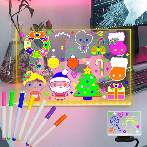 Fanrui Mémo lumineux de format A4, tableau à message LED avec stylo 7 couleurs, support réglable et intensité variable, tableau acrylique brillant de 30 x 20 cm, bloc-notes lumineux, bloc-notes pour