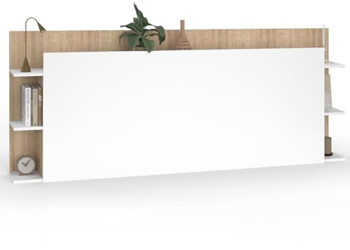 IDMarket - Kopfteil auf Fuß CIRI für Bett 140 und 160 cm mit Stauraum in Weiß und Holz