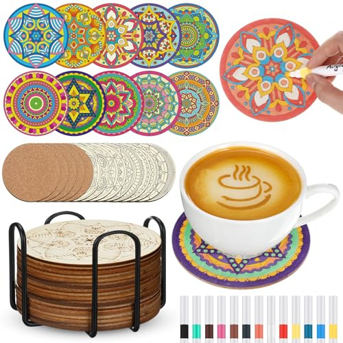Reallnaive 45 Pcs Mandala Wooden Coasters Painting Kit, 4 Inch Paint Your Own Boho Coasters with Markers, Mothers Day Arts and Crafts for Adults Women Seniors Elderly Crafters Gifts