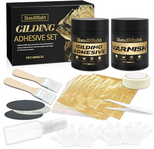 Juego de Adhesivos para Hojas de Oro 100 ml de adhesivo al agua y 100 ml de barniz al agua, 100 hojas de pan de oro. Ideal para creación artística, proyectos de manualidades DIY y pintura