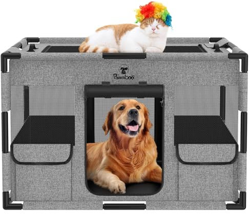 Pawaboo Welpenauslauf Extra Groß Haustier Laufstall, Tragbar Handtasche Hundebox für Katze Hunde, Hund Laufgitter, Verdickt PVC Rohr Rahmen, Atmungsaktiv Hundezelt Transportbox (L, Grau+Schwarz)