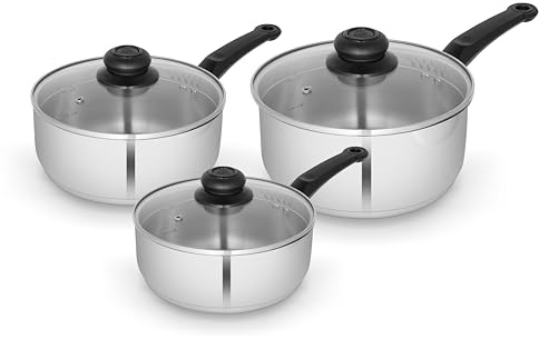 Swan Townhouse 3 Piece Stainless Steel Saucepan Set with 16/18/20cm Saucepans with Glass Lids, Suitable for All Hob Types (Including Induction), Stainless Steel