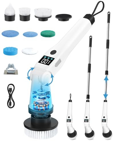 Lepwings Cepillo de limpieza eléctrico, limpiador inalámbrico 8 en 1 con cabezal giratorio, 3 niveles de velocidad, impermeable (IP65), mango ajustable, para baño, cocina, azulejos y más