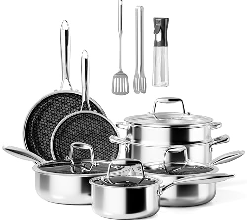 RIOVARM Rostfria stålkastruller och stekpannor set med lock, induktion non-stick köksredskap set utan PFOA, kök Essentials Set, lämplig för ugnar stekpanna kastrull sautus såspanna