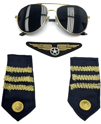 Pilot Costume Set | Pilot Costume Accessories | Airline Pilots Costumes | Pilots Captain Dress Up Uniform | Aviator Sunglasses + Badge + 2 Shoulder Epaulets | Multicolor | One Size